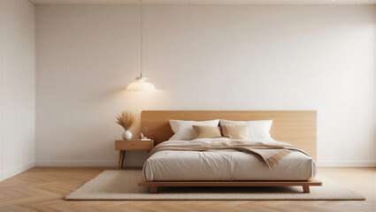 Modern minimalist bedroom with beige and white color scheme