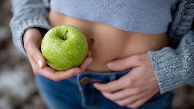48Close-up of a person&rsquo;s midsection in loose-fitting jeans, hand setting a bright green apple on a textured wooden surface, symbolizing healthy lifestyle and weight loss success