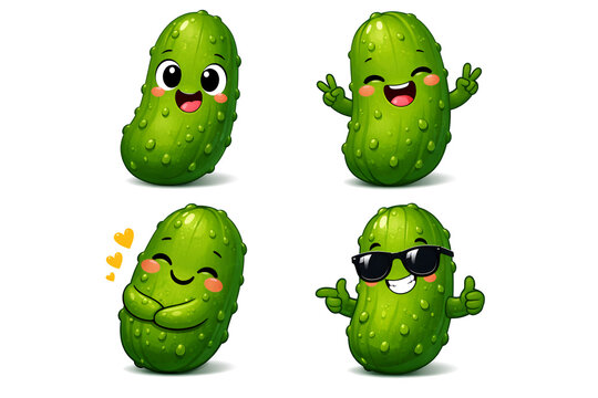 Cute cartoon pickle character set with different funny expressions and happy faces on white