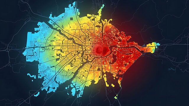 A vibrant cityscape map displays a gradient of colors indicating various zones at night.