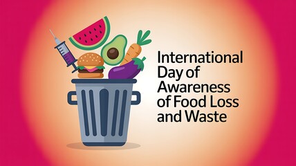 International Day of Awareness of Food Loss and Waste Poster with Trash Can Filled with Food