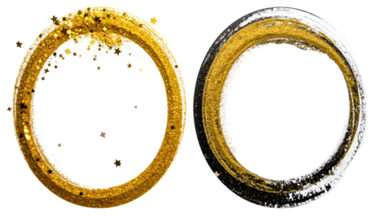 Two abstract ring shapes with metallic gold, silver and black textures, on black background