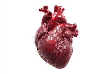 Anatomical heart model, dark red texture, complex veins and arteries, white backdrop