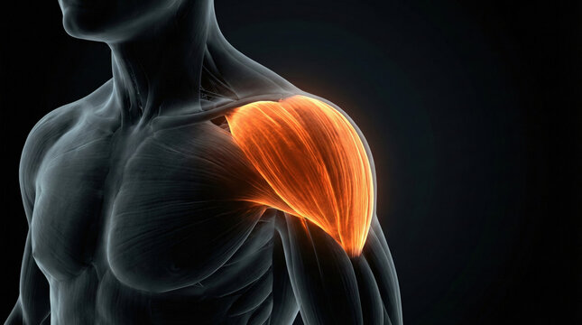 Anatomical illustration of the human deltoid muscle, highlighting its structure and function in the shoulder joint.