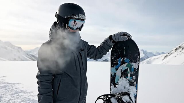 Close-up portrait of a determined snowboarder breathing cold air on the icy winter championship slopes.