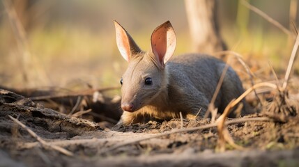 Curious Grey Baby Rabbit Exploring Sunlit Forest Floor Amid Twigs and Foliage