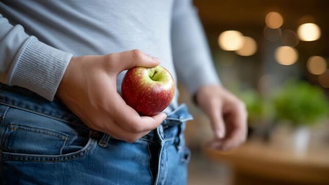 50Weight loss progress highlighted as a person slips into loose jeans, placing a vibrant apple on a wooden table, warm indoor lighting enhancing cozy and motivational mood