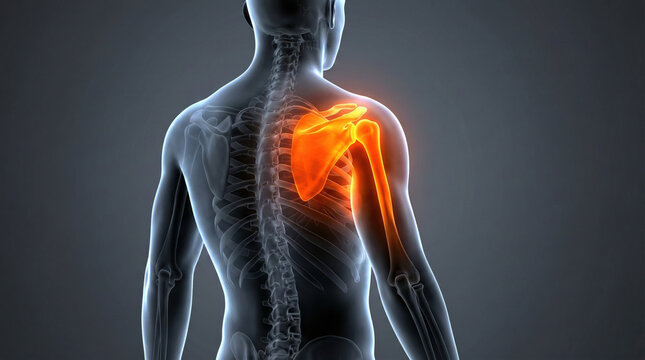 Anatomical illustration of a human shoulder joint highlighting inflammation and pain in the rotator cuff and surrounding bone structures.