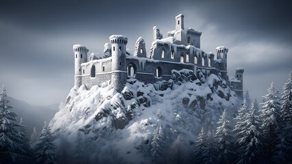 A snowy medieval castle on a hilltop
