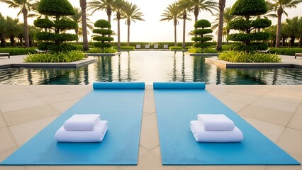 Obraz premium Serene poolside yoga mats with towels and palm trees