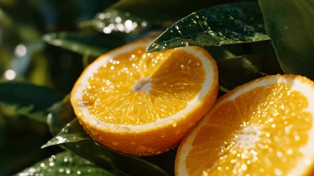 52Vivid oranges and sparkling slices resting on rich green leaves, warm sunlight illuminating each detail and emphasizing natural freshness and wellbeing