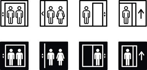 Elevator lift icons set, people inside elevator cabin, up down arrows, public building transportation symbols,  © PixelsWorld