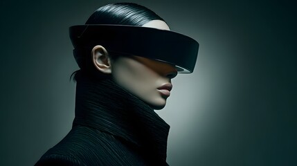Futuristic Woman Wearing VR Headset and Stylish Black Coat.