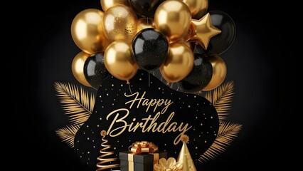 Luxurious black and gold happy birthday celebration design featuring elegant balloons gifts and festive tropical palm leaves on a dark background