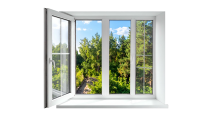 Bright white window with one panel open overlooking vibrant green trees and blue sky