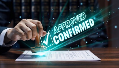 Approved Confirmed Stamp on Official Document, Business Contract Validation and Legal Approval Process Concept in Professional Office Setting