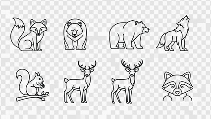 Obraz premium Collection of eight outline icons of wild forest animals including fox, bear, wolf, squirrel, deer, and raccoon, rendered in a line art style