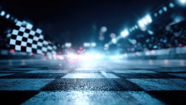 Checkered finish line, bright lights blur behind waving flag at night