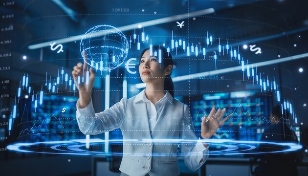 AI finance business data analysis digital technology investment trading market stock, financial analyst using advanced holographic interface for global market insight, smart investment strategy - Powered by Adobe