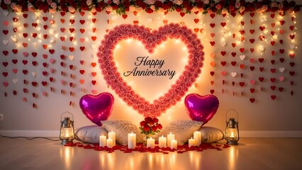 Elaborate romantic anniversary decoration featuring a large glowing heart made of pink roses and hanging red heart cutouts providing a warm ambiance