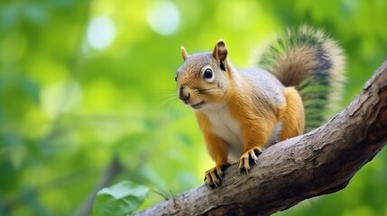Fototapeta premium Curious Red Squirrel Balancing on a Tree Branch in a Lush Green Forest