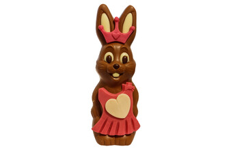 Chocolate easter bunny in a dress isolated on white background