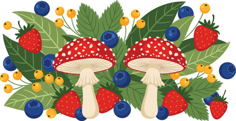 Forest mushrooms with berries and leaves vector illustration, colorful woodland nature composition for botanical and decorative design © Sarmen Creative