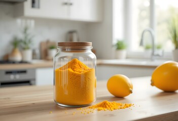 Bright yellow turmeric powder in a glass jar with fresh lemons on a modern kitchen counter. mango powder
