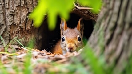 Curious Red Squirrel Peeking From a Dark Hollow in a Tree Trunk Amid Greenery and Forest Floor