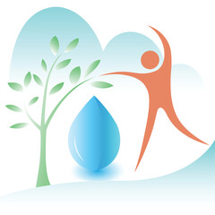 A clean, modern illustration symbolizing &ldquo;water is life,&rdquo; showing a water drop connecting a human figure and a growing plant, representing sustainability, harmony, and the vital link between people, n