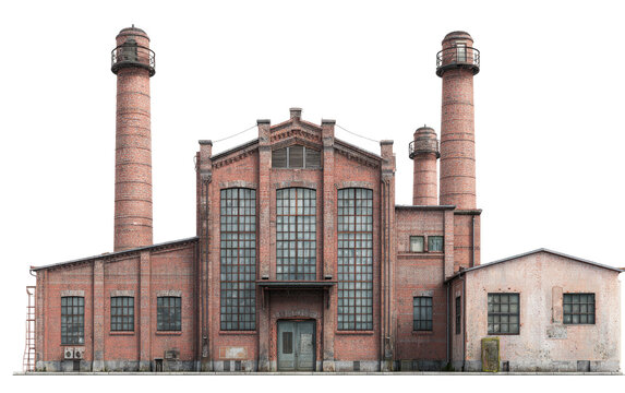 Old brick factory facade with tall chimneys
