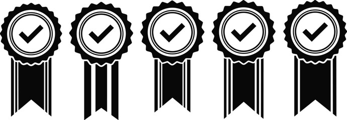 Certification badge vector set with checkmark icons, approval ribbons and quality guarantee symbols for achievement and award design