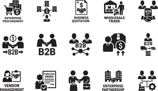 B2B solid icon set for business to business, suppliers, vendors, supply chain and transactions. Vector EPS.