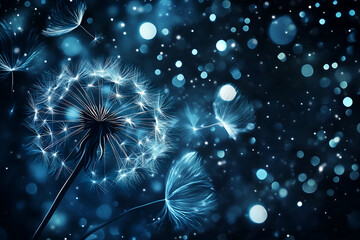 Abstract Magical Blue Dandelion Seeds with Glowing Bokeh Particles Background