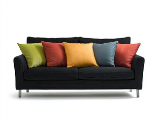 Modern black sofa with five colorful pillows isolated on a white background