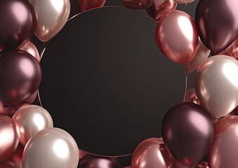 Shiny balloons surround black circle, copper rim. Celebratory frame