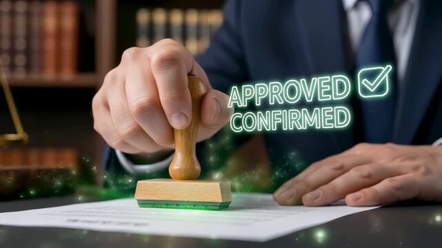 Approved confirmed stamp approval document signature contract legal paperwork business, showing official validation process for corporate agreement, authorization, and professional document confirmati
