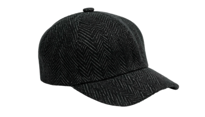 A close-up of a dark grey baseball cap with a textured, zig-zag pattern