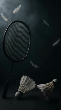 Badminton equipment is artfully displayed in a dark, moody setting. Floating shuttlecocks and feathers create a dynamic, elegant composition.