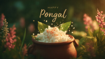 happy pongal festival greeting with traditional clay pot filled with steaming rice and flowers, festive harvest celebration in india, warm bokeh lights, holiday banner