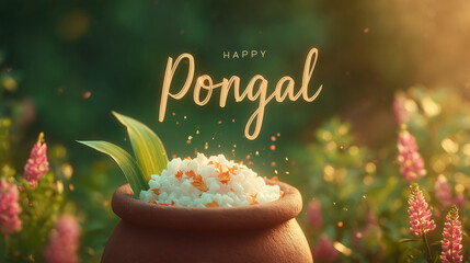 happy pongal festival greeting with traditional clay pot filled with steaming rice and flowers, festive harvest celebration in india, warm bokeh lights, holiday banner