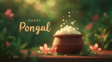 happy pongal festival greeting with traditional clay pot filled with steaming rice and flowers, festive harvest celebration in india, warm bokeh lights, holiday banner