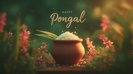 happy pongal festival greeting with traditional clay pot filled with steaming rice and flowers, festive harvest celebration in india, warm bokeh lights, holiday banner