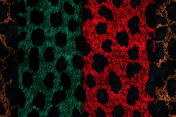 Leopard Print Background with Green Red and Orange Vertical Fur Stripes. Seamless Wallpaper.