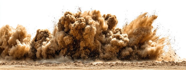 Large plume of dirt and debris erupts from the ground against a white backdrop