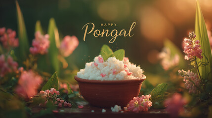 happy pongal festival greeting with traditional clay pot filled with steaming rice and flowers, festive harvest celebration in india, warm bokeh lights, holiday banner
