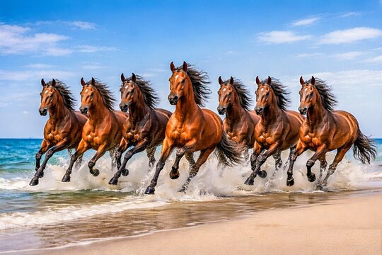 Seven Horses Running Together Along the Seashore on Sky Blue Background Ai Genreted 