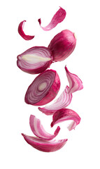 Red onion slices in mid-air