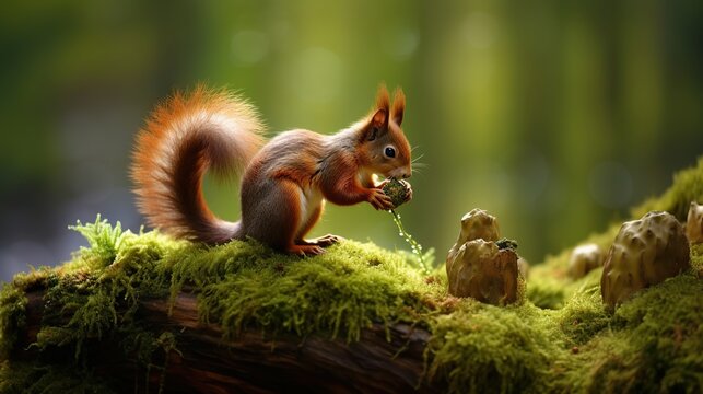 Curious red squirrel perched on a mossy log examining a tiny frog in a sunlit forest clearing