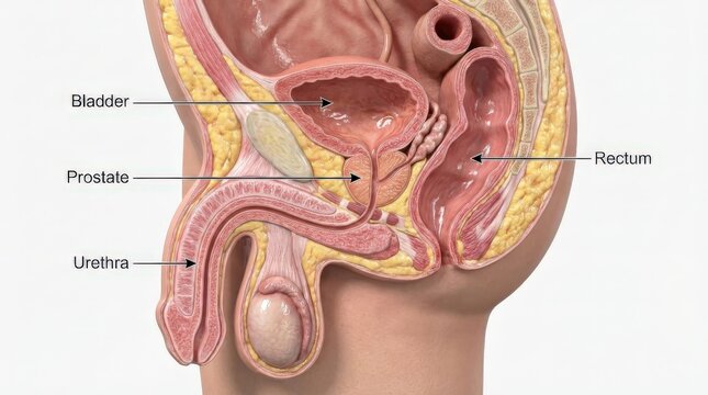 Sagittal view illustrating the male pelvic anatomy, including the bladder, prostate, urethra, penis, scrotum, and rectum.